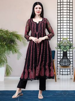 Seva Chikan - Hand Embroidered Black Georgette Chikankari Anarkali Kurta with Inner (Set of 2)