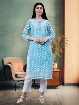 Seva Chikan - Hand Embroidered Blue Georgette Chikankari Kurta with Inner (Set of 2)