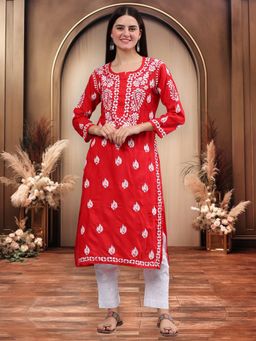 Seva Chikan - Hand Embroidered Red Cotton Chikankari Kurta