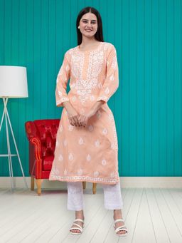 Seva Chikan - Hand Embroidered Peach Cotton Chikankari Kurta