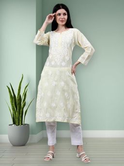 Seva Chikan - Hand Embroidered Lemon Yellow Cotton Chikankari Kurta