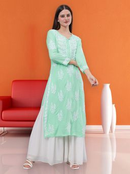 Seva Chikan - Hand Embroidered Sea Green Modal Chikankari Kurta