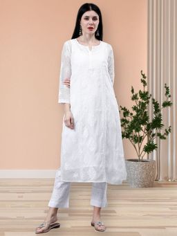 Seva Chikan - Hand Embroidered White Kota Chikankari Kurta with Inner (Set of 2)