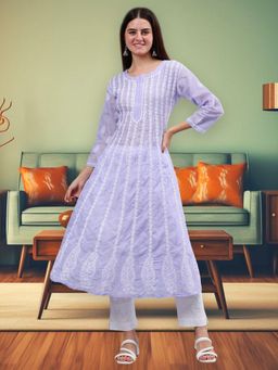 Seva Chikan - Hand Embroidered Lavender Terivoil Cotton Chikankari Anarkali Kurta