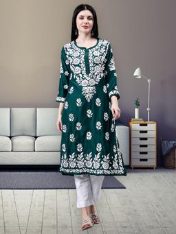 Seva Chikan - Hand Embroidered Dark Green Muslin Chikankari Kurta