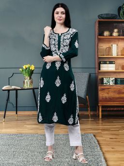 Seva Chikan - Hand Embroidered Dark Green Modal Chikankari Kurta