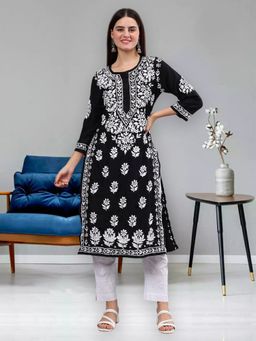 Seva Chikan - Hand Embroidered Black Muslin Chikankari Kurta