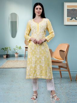 Seva Chikan - Hand Embroidered Yellow Modal Chikankari Kurta