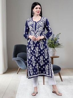 Seva Chikan - Navy Blue Hand Embroidered Modal Chikankari Kurta