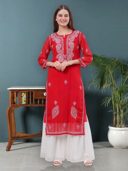 Seva Chikan - Red Hand Embroidered Georgette Chikankari Kurta with Inner (Set of 2)