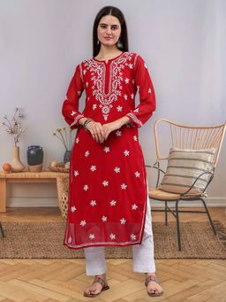Seva Chikan - Women Hand Embroidered Maroon Georgette Chikankari Kurta with Inner (Set of 2)