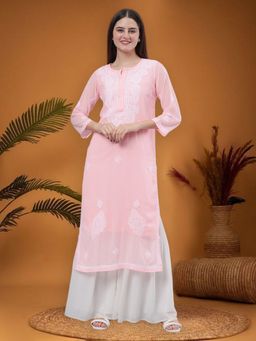 Seva Chikan - Peach Hand Embroidered Georgette Chikankari Kurta with Inner (Set of 2)