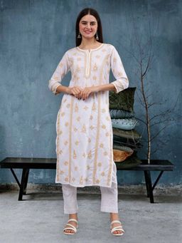 Seva Chikan - White and Beige Hand Embroidered Cotton Chikankari Kurta