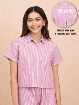 Nykd by Nykaa - Super Comfy Relax Fit Cotton Boxy Shirt-NYS913-Grape stripe