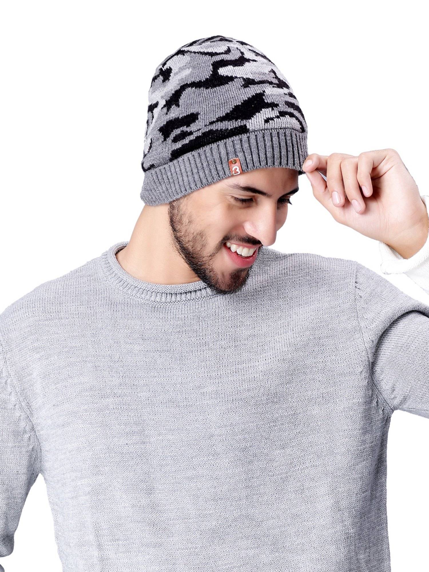 Buy Bharatasya Men Army Pattern Fur Grey Beanie Cap Online