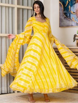 HOUSE OF JAMOTI - Lavanya Yellow Anarkali Kurta with Pant and Dupatta (Set of 3)