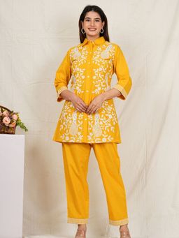 KAFTANIZE - Mustard Yellow Embroidered Co-Ord Set In Cotton (Set of 2)