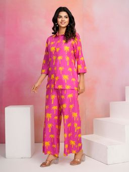 KAFTANIZE - Bright Pink Printed Co-Ord Set In Cotton Cambric (Set of 2)