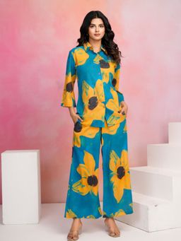 KAFTANIZE - Blue and Yellow Floral Co-Ord Set In Cotton Cambric (Set of 2)