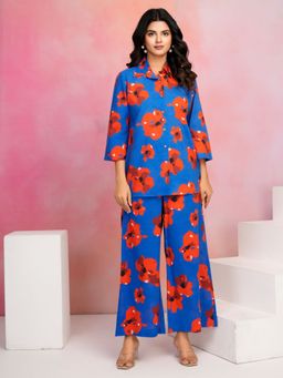 KAFTANIZE - Blue and Red Floral Co-Ord Set In Cotton Cambric (Set of 2)