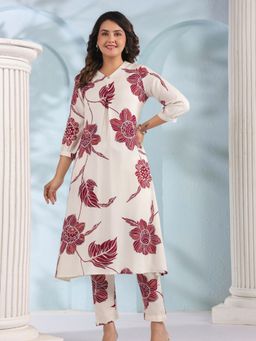 KAFTANIZE - White and Maroon Bold Floral Printed Viscose Kurta Pant Set (Set of 2)