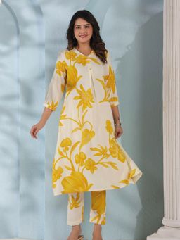 KAFTANIZE - Cream and Yellow Abstract Floral Printed Kurta Pant Set In Viscose (Set of 2)