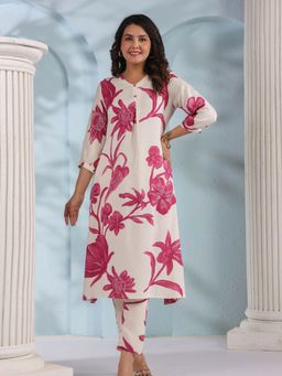 KAFTANIZE - Cream and Maroon Abstract Floral Printed Kurta Pant Set In Viscose (Set of 2)