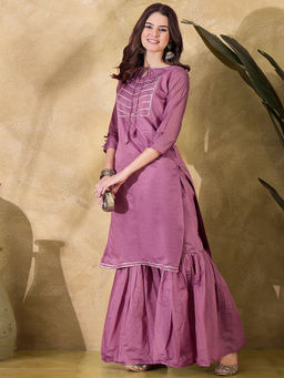 KVS FAB - Chandari Cotton Wine Brown Stitched Kurta with Sharara with Sharara (Set of 2)