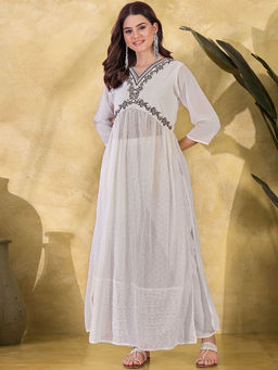 KVS FAB - Off White Zari Sequence Embroidered Schiffli Kurta with Pant (Set of 2)