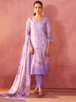 Autumnlane - Lalitha Orchid Floral Linen Work Kurta with Pant and Dupatta (Set of 3)