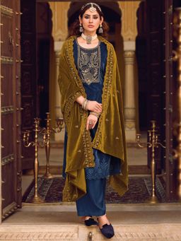 Stylee LIFESTYLE - Navy Blue Velvet Embroidered Dress Material