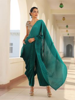 Swtantra - Emerald Accordion Green Pre-Draped Saree with Pocket and Arm Tie without Blouse