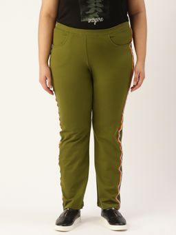 theRebelinme - Plus Size Women Olive Green Solid Color Trousers with Side Stripes