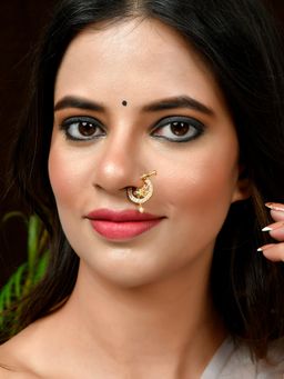 Silvermerc Designs - Gold Plated Green & White Stone Studded Floral Meenakari Nose Ring