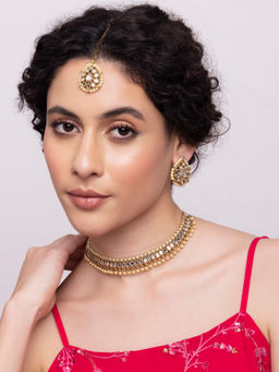 Indya - Gold Pear Mirror Studded Earring Maangtika Necklace Set (Set of 3)