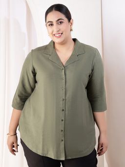 Amydus - Plus Size Olive Green Cotton Linen Cuban Collar Shirt