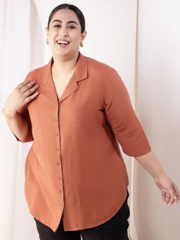 Amydus - Plus Size Mocha Brown Cotton Linen Cuban Collar Shirt