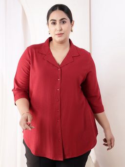 Amydus - Plus Size Maroon Cotton Linen Cuban Collar Shirt