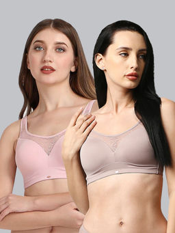 SOIE - Women Full Coverage Padded Non Wired Lace Detail Cami Bra Combo (Pack of 2)