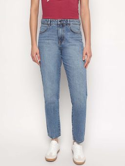 Guess - Blue Solid Tapered Fit Mom Jeans