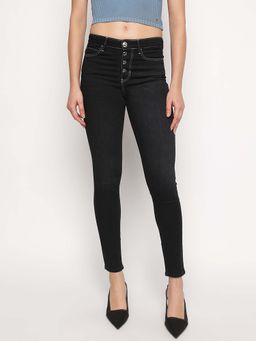 Guess - Black Solid Skinny Fit Exposed Button Plume Jeans