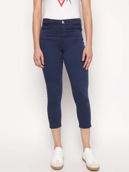 Guess - Blue Solid Super Stretch Sunny Satin Capri Jeans
