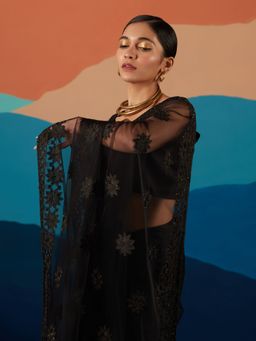 Likha - Black Net Sequin Embroidered Saree with Unstitched Blouse LIKSAR11 (One Size)