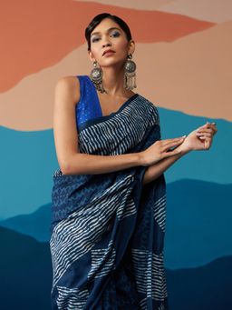 Likha - Indigo Saga Blue Cotton Hand block Print Bagru Saree with Unstitched Blouse LIKSAR59