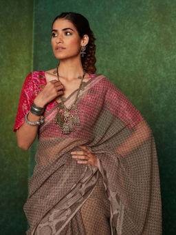 Likha - Grey 200gms Kota Doriya Handblocked Cotton Saree with Unstitched Blouse LIKSAR72 (Free Size)