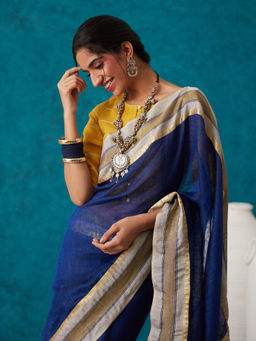 Likha - Navy Blue Linen Zari Blend Bhagalpuri Saree with Unstitched Blouse LIKSAR75 (Free Size)