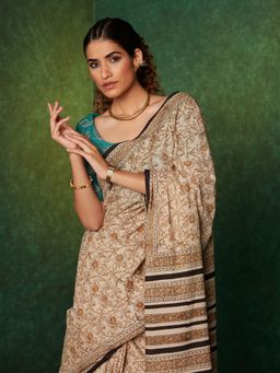 Likha - Beige Mulmul Handblocked Bagru Saree with Unstitched Blouse LIKSAR105 (Free Size)