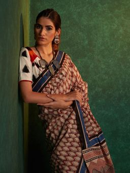 Likha - Beige Mulmul Handblocked Bagru Saree with Unstitched Blouse LIKSAR108 (Free Size)