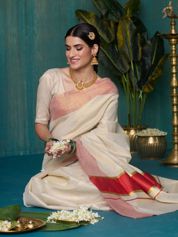 Likha - Off-White Red Onam Kasavu Cotton Zari Saree with Running Blouse LIKSAR124 (Free Size)