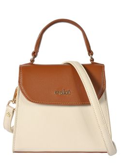 Eske - Viviana Genuine Leather Colorblock Satchel Bag- Brown & White
